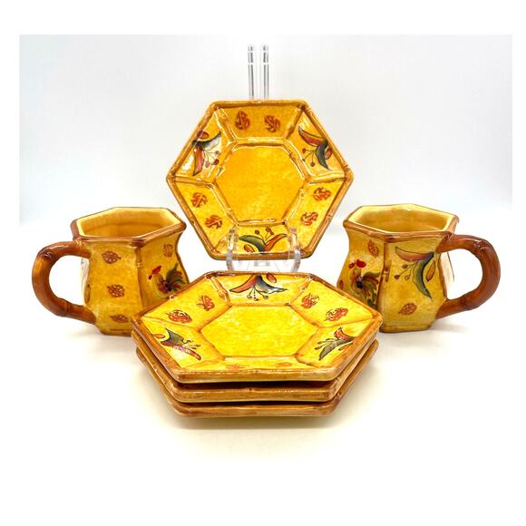 Bamboo Rooster by Ack 2 Coffee Mugs / Cups & 4 Saucers Yellowish Orange - Picture 2 of 8